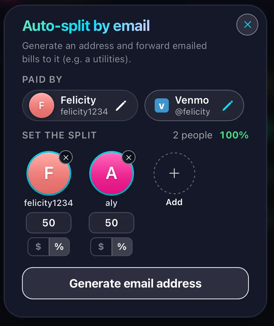 The Auto-split by email sheet: choose who paid, set the split between people, then generate an email address to forward bills to.