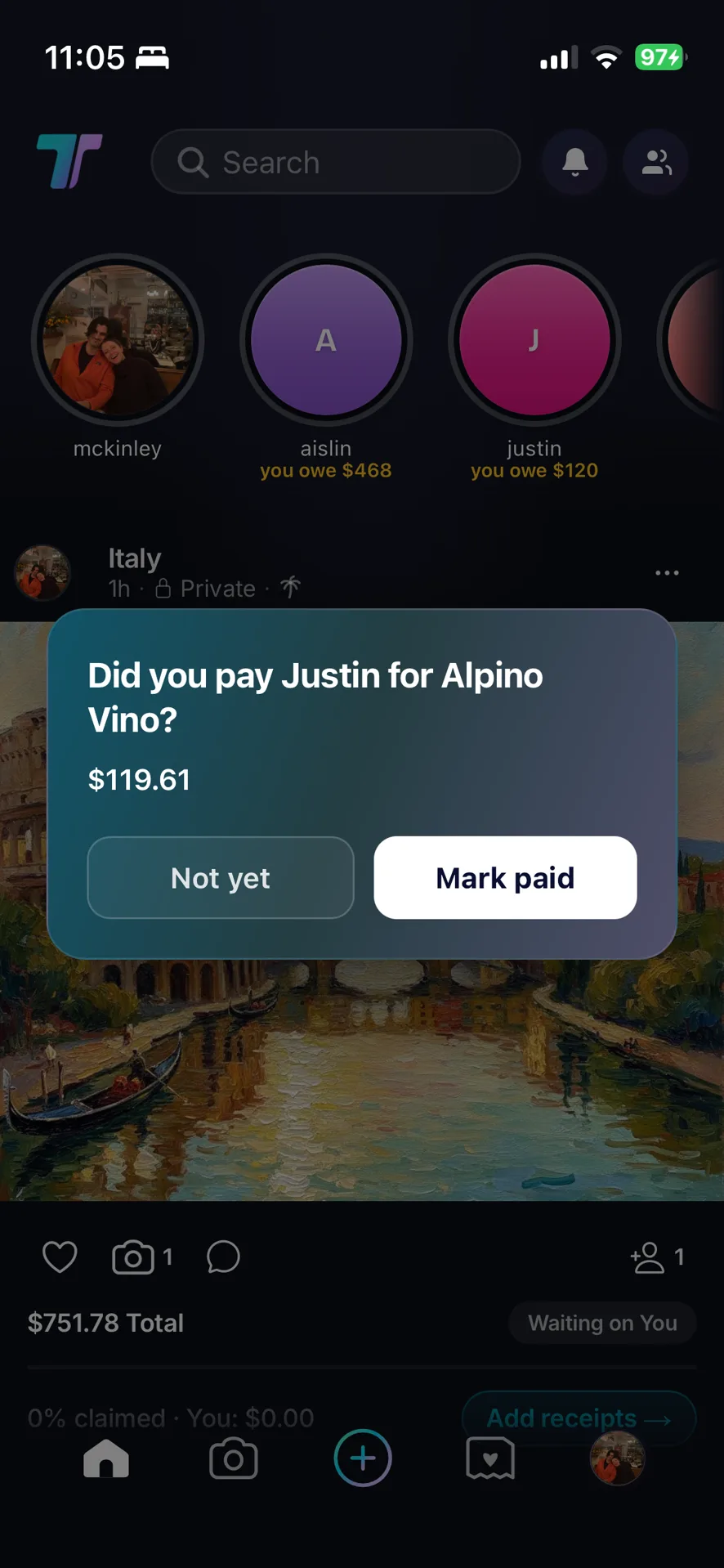 The confirmation prompt on the Tabster homepage, "Did you pay Justin for Alpino Vino?" with the amount owed and Not yet / Mark paid buttons, above the story row of running balances.