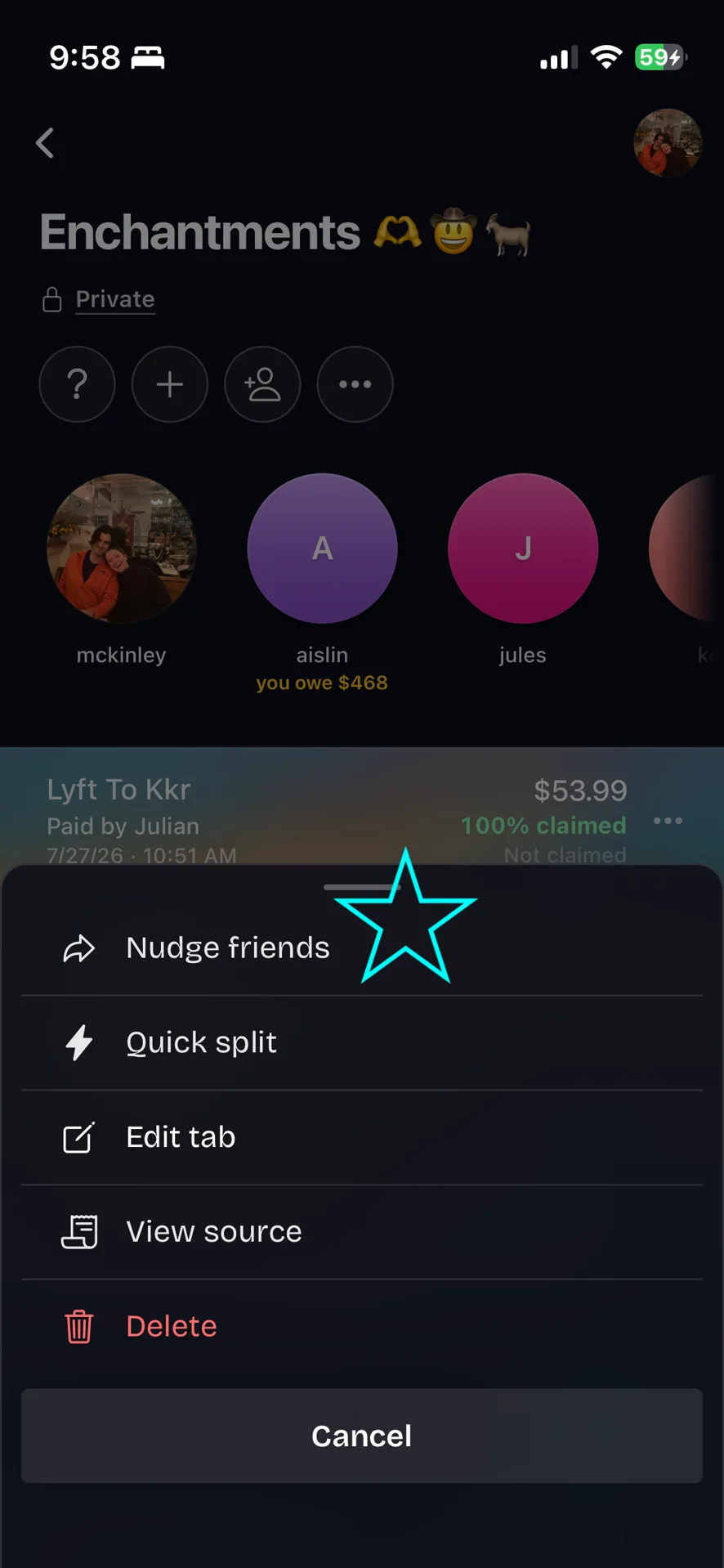 The three dot menu on a trip receipt, with Nudge friends at the top of the list above Quick split, Edit tab, View source and Delete.