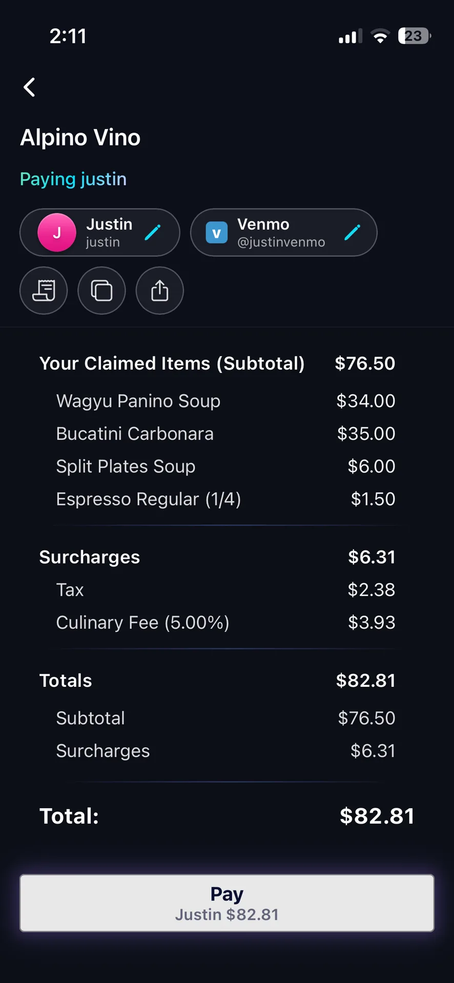 The Tabster payment summary page: the payer and their Venmo handle at the top, claimed items priced line by line, surcharges for tax and a culinary fee, the total owed, and a Pay button.