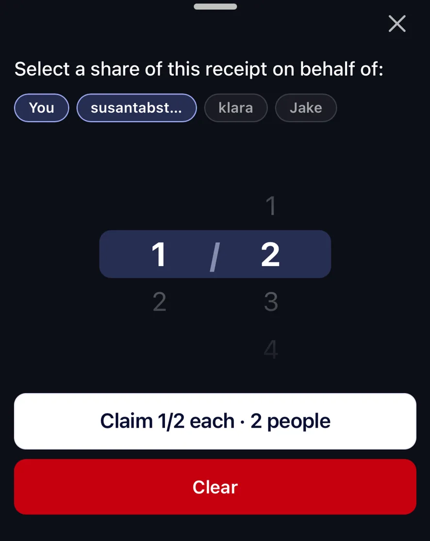 The quick split sheet: user chips to pick who is splitting, a 1/2 share wheel, and a "Claim 1/2 each · 2 people" button.