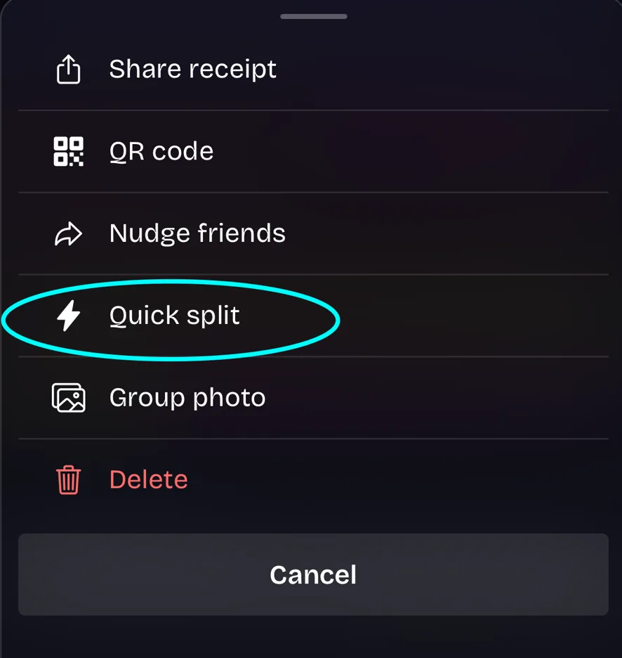A receipt's three-dot menu with the Quick split option circled.