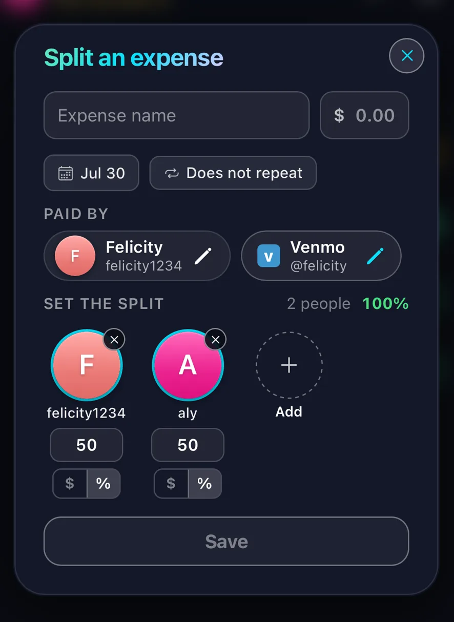 The Split an expense sheet: expense name and amount, a date and repeat control, who paid, and a percentage split between two people.
