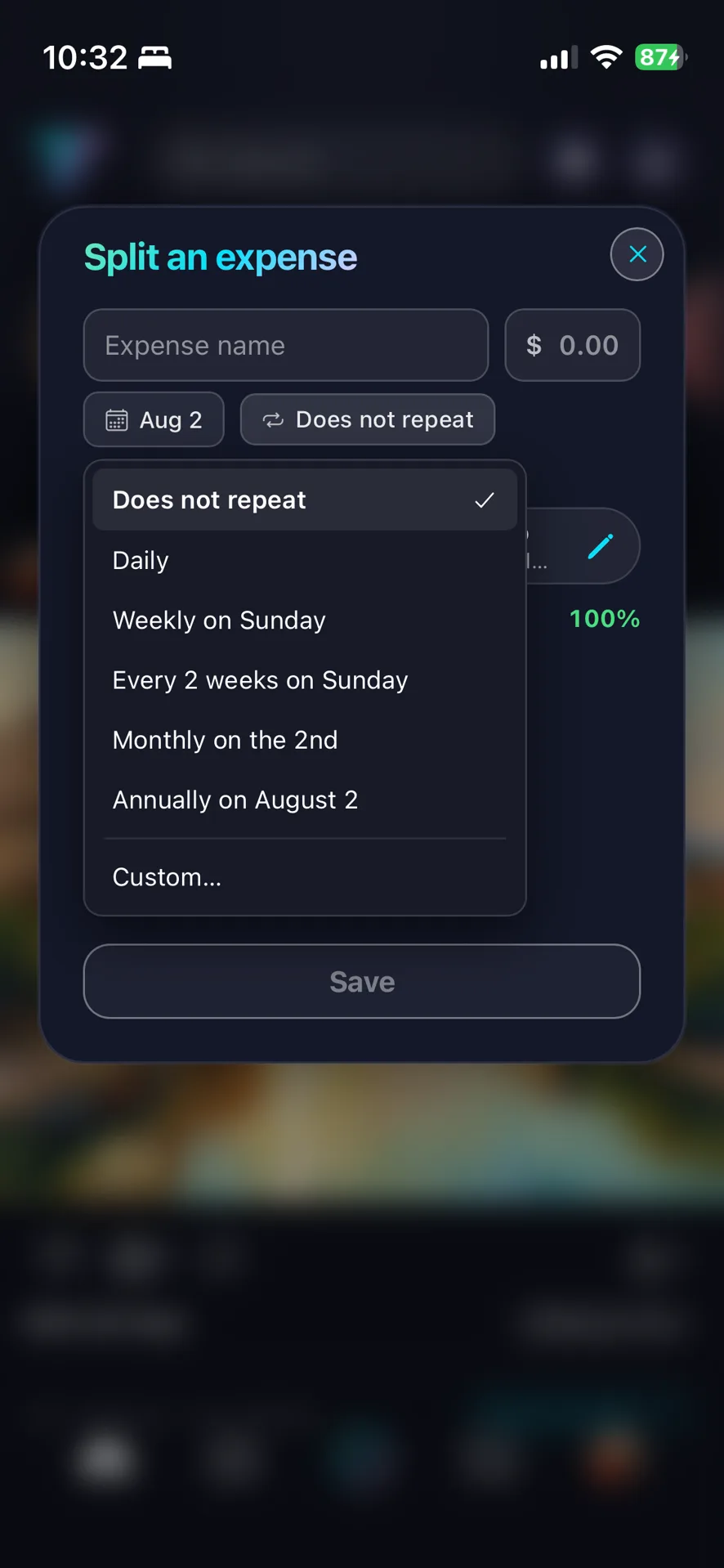 The repeat dropdown open on the Split an expense sheet, listing Does not repeat, Daily, Weekly on Sunday, Every 2 weeks on Sunday, Monthly on the 2nd, Annually on August 2, and Custom.
