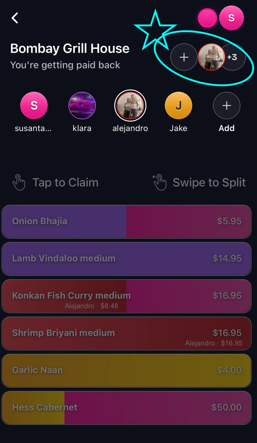 A Tabster receipt with the + button in the top right circled. That is where you pick which friend to claim items for.