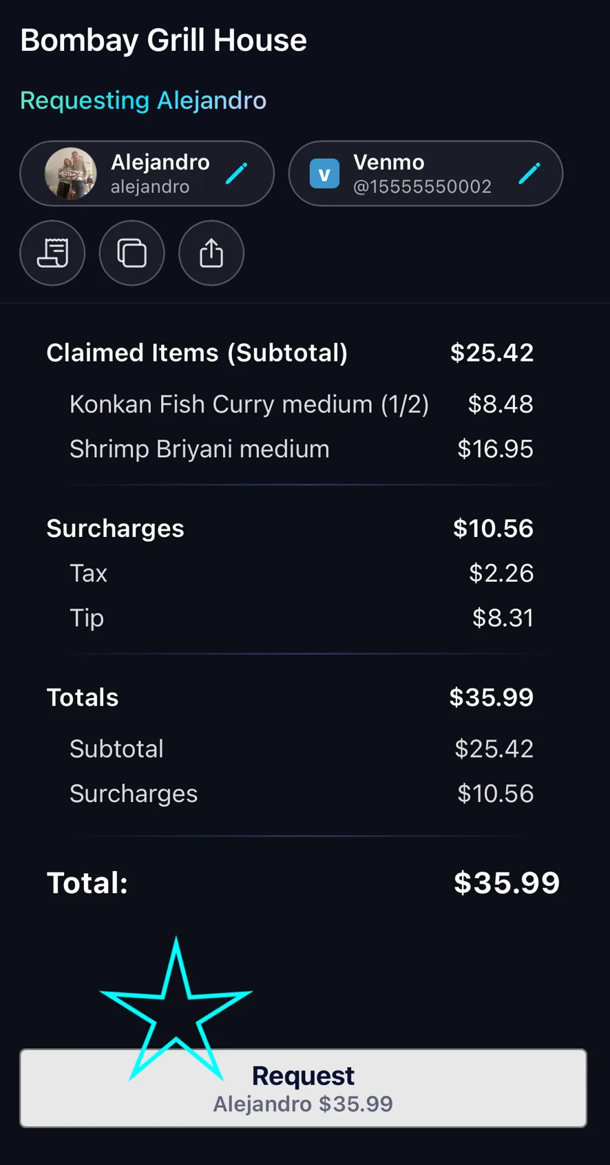 The request review page for Alejandro: claimed items, surcharges and a $35.99 total, with the Request button at the bottom highlighted.