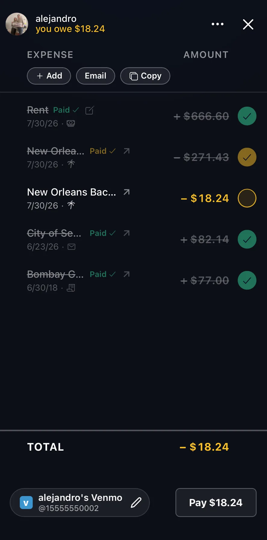 A friend's story: rent, a trip, an emailed bill and a dinner listed with paid and unpaid amounts, a running total, and a Pay button.