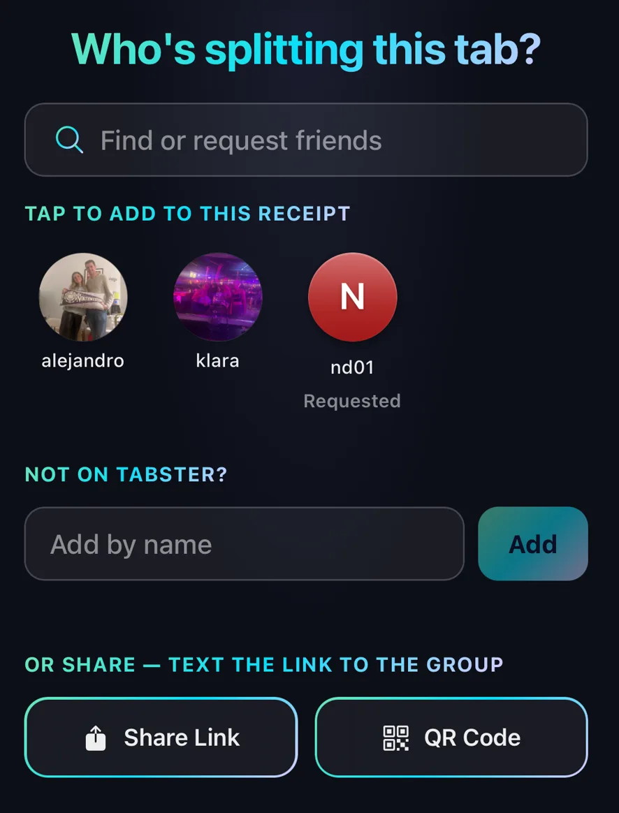 Tabster's share screen: search to add friends, add a non-Tabster name, or share by link or QR code.