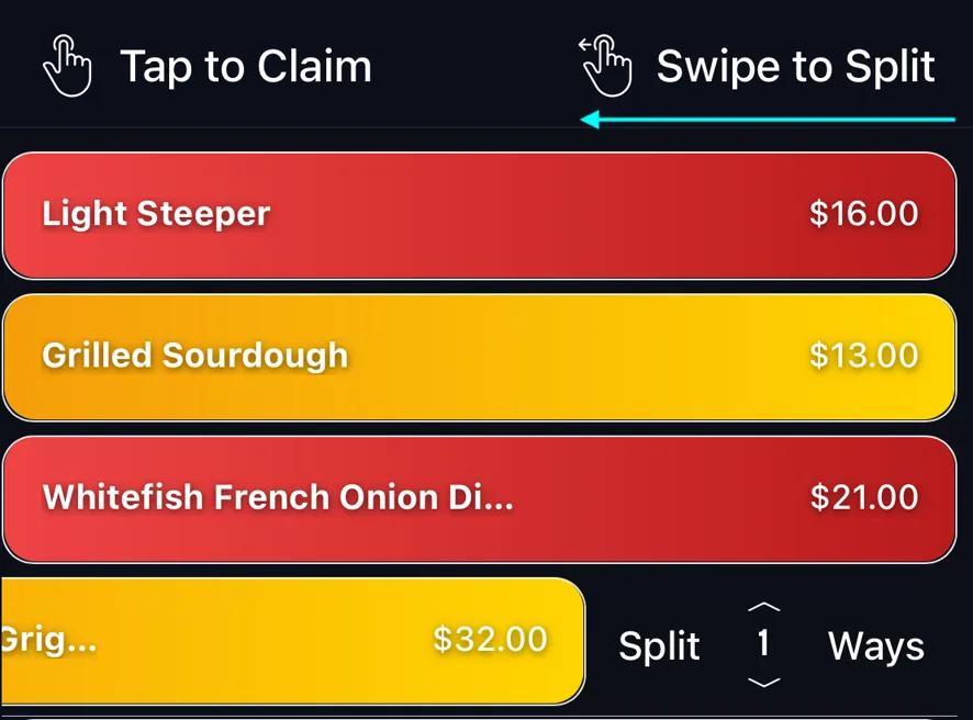 A receipt item swiped left to reveal the "Split _ Ways" number selector.