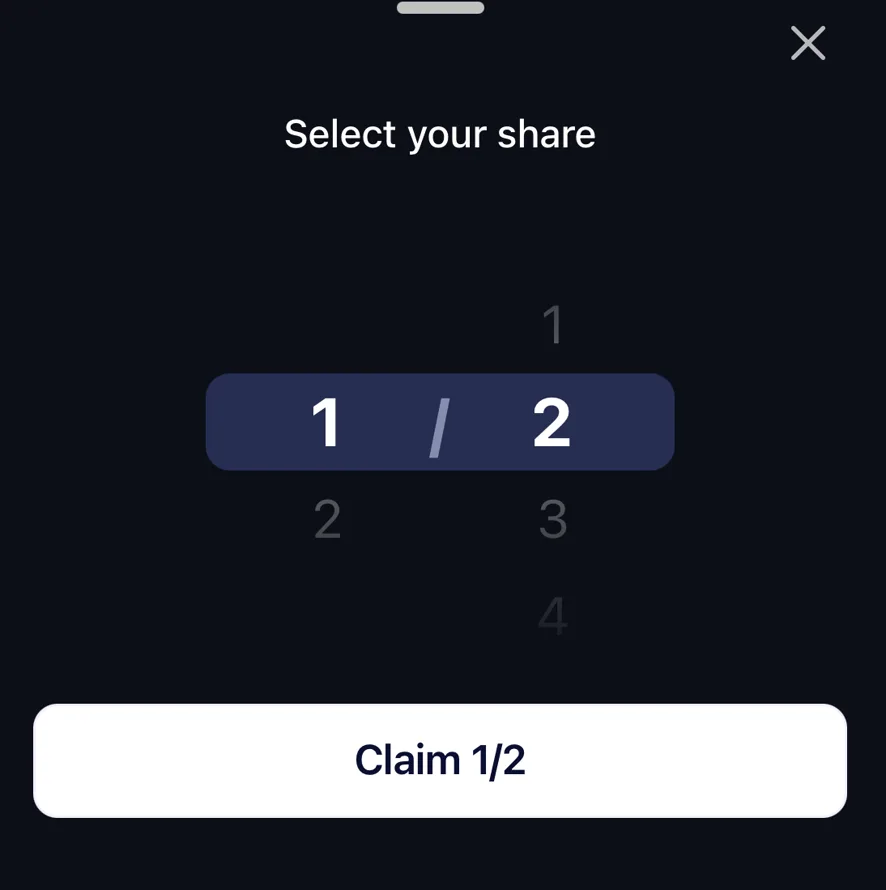 The "Select your share" picker, set to 1/2, with a Claim 1/2 button.