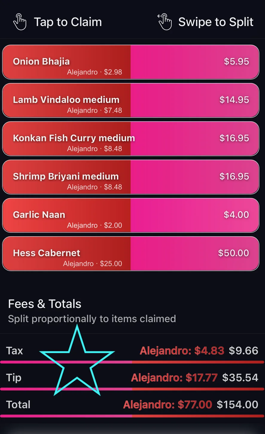 A receipt with claimed items above a "Fees & Totals: split proportionally to items claimed" panel, showing each person's share of tax, tip and total.