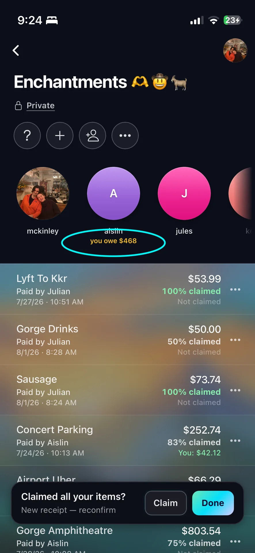 A Tabster trip page with the running difference shown under each person, "you owe $468" highlighted beneath one member, above the trip’s receipts and how much of each is claimed.