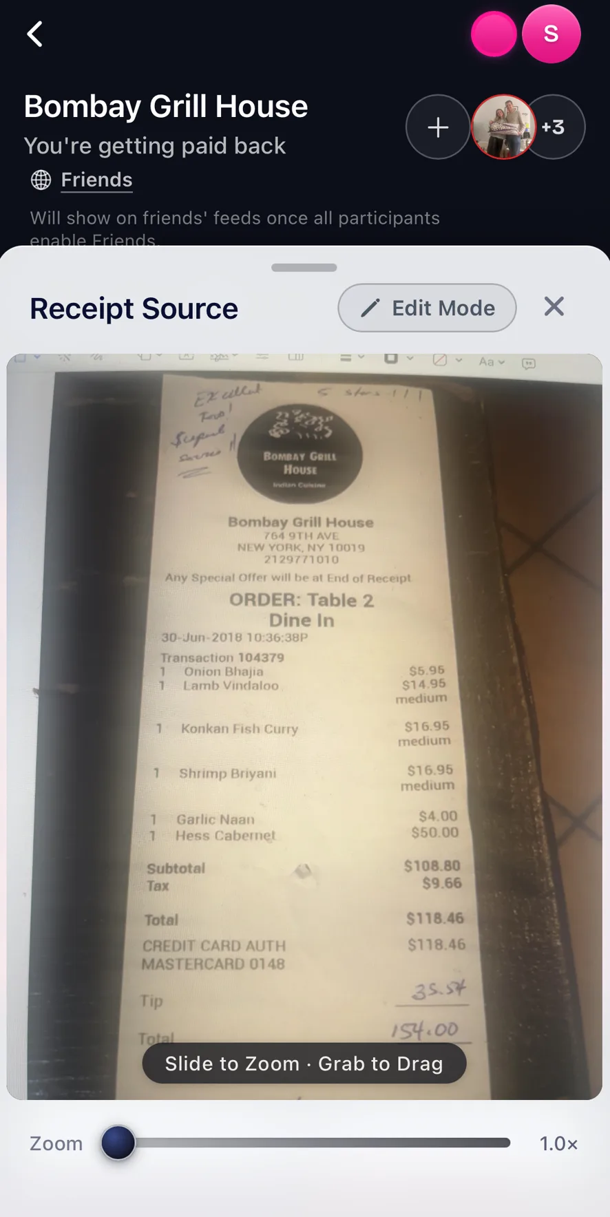 The Receipt Source sheet showing the original photo of a receipt, with a zoom slider and an Edit Mode button.